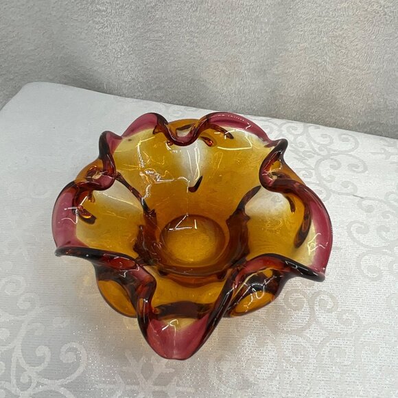 Murano-Style Hand-Blown Glass Amber & Purple Art Ashtray Bowl - Picture 2 of 6